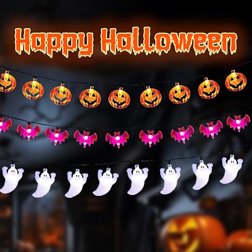 Kimuwote Halloween Lichterkette, 3 Stück 3 Meter 20 LED Halloween Lichterkette Batterie, Kürbisse Lila Fledermäuse Weiße Geister Lichterkette für Außen Innen Party Garden Halloween Deko