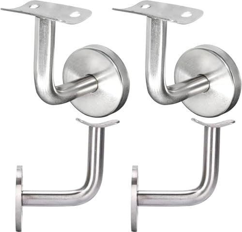 Handrail Holder, Set of 4 Stainless Steel Handrail Brackets, Handrail Attachment, for Stair Railing, Wall Bracket, Wood with Cover Rosette