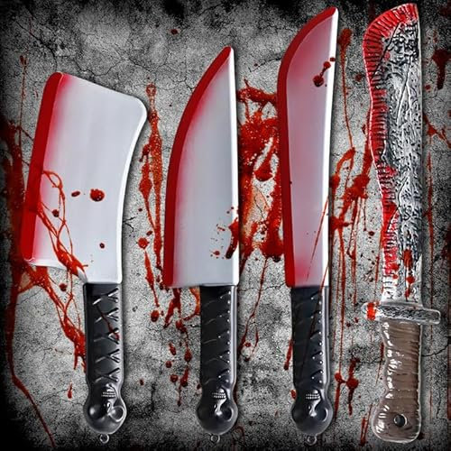 Qintora 4 Piezas Plástico Sangriento Cuchillos, Machete Halloween, Cuchillo Falsos para Halloween, Accesorio Disfraz Disfraces, Cuchillo Scream, Juguetes, Fiesta, Carnaval, Cosplay