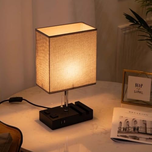 LOGT Tischlampe mit Ladefunktion USB A+C Anschlüssen Steckdosen Tischleuchte Leselampe Leinen-Lampenschirm Metallfuß Nachttischlampe mit Schalter für Schlafzimmer Wohnzimmer Esszimmer Büro,Grau