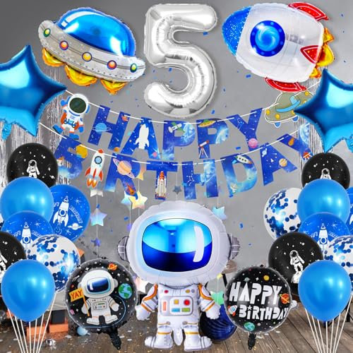 Hierein Geburtstagsdeko Jungen, XXL Weltraum Ballons Kindergeburtstag Deko 5 Jahre mit Banner, 25 Stück Astronaut Folienballon Deko Geburtstag für 5 Jahre Geburtstag Junge Kinder, Astronauten Party