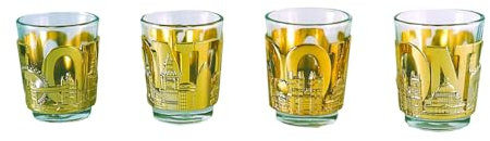 London Themed Gold Metal Wrapped Shot Glasses – Set of 4 UK Souvenir Glasses Featuring Famous British Landmarks