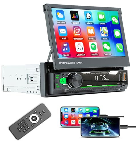 Radio 1 DIN con Pantalla Táctil Plegable Automática de 7 Pulgadas,Radio de Coche con Bluetooth Manos Libres Mirror Link FM Radio Control en el Volante,Soporte USB/AUX/Type-C