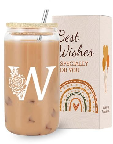 VivaJoy A-Z Initial Personalised Birthday Gifts for Women - Monogrammed Gifts for Women,Initial Letter W,Glass Cups with Lids Straws, Funny Christmas or Birthday Gifts for Her,Mum,Friend,Sister