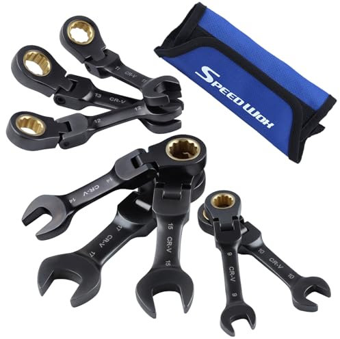 SPEEDWOX 8PCS Flex-Head Stubby Ratcheting Combination Wrench Set with Rolling Pouch Metric 9-17 mm, 72-Teeth Open End Ratchet Wrench Offset Extension Wrench CRV, Black Nickel Plating