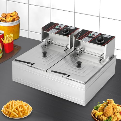 Freidora eléctrica de 6 l, acero inoxidable, doble freidora de 2,5 kW+2,5 kW, con chip comercial, incluye 2 cestas para freír, 2 cubiertas, para cocina, restaurante, cafés, salones de comida