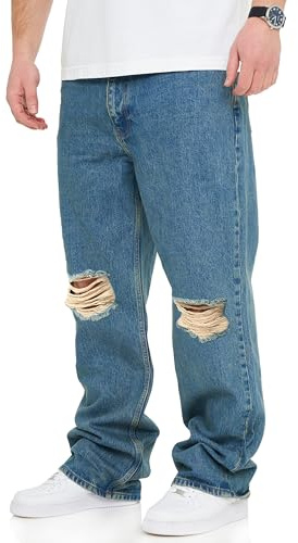 behype. Herren Jeans Ripped Loose-Fit Jeanshose 100% Baumwolle Denim Baggy Hose Straight-Leg Used Look Men's