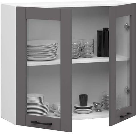 BDW - Küchenschrank Vitrine Hängend - Oberschrank Küche - Weiß/Grau - 80x30,5x72cm - mit 2 Türen und Griffen - Küchenschränke Einzeln, Wandschrank, Küchenhängeschrank - OLIWIA1 STK