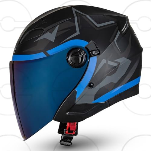 CRUIZER Casco moto jet omologato STAR Nero Blu doppia visiera trasparente sole (M)