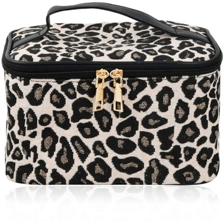 Trousse de Maquillage Grande Capacité Léopard, Trousse de Toilette Voyage Petit Format pour Femme et Fille, Cosmétiques à Glissière Portable Pochette Maquillage Organiseur, 21x14x12 cm