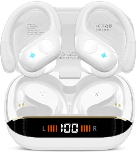 Cuffie Bluetooth, Auricolari Bluetooth 5.4 con Stereo HiFi, 75 Ore Display LED Auricolari Wireless con ENC Mic, IP7 Impermeabili Cuffiette Wireless con Gancio, Cuffie Senza Fili Sport Running, Bianco