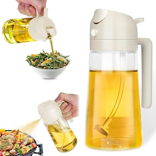 KEPLIN - 2 in 1 Oil Bottle Sprayer 470ml - Dual Function Spray & Pour Olive Oil Dispenser - BPA-Free PP & Glass - Refillable, Dishwasher Safe & Eco-Friendly - Cream - 18.4x8x9.9cm
