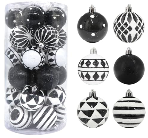 30 Stück Weihnachtskugeln Weihnachtsdeko Set Schwarz Weiß, 6cm Weihnachtsbaumschmuck Weihnachtskugeln Handbearbeitet mit Aufhänger für Christbaumschmuck & Weihnachten Deko Christmas Balls (Black)