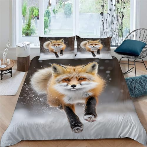SK-YBB Kinderbettwäsche 135x200 Jungen Mädchen Fuchs Bettwäsche Set 135x200 mit 2 Kissenbezüge Arktischer Rotfuchs Bettbezüge 135x200 Mikrofaser 3 Teilig