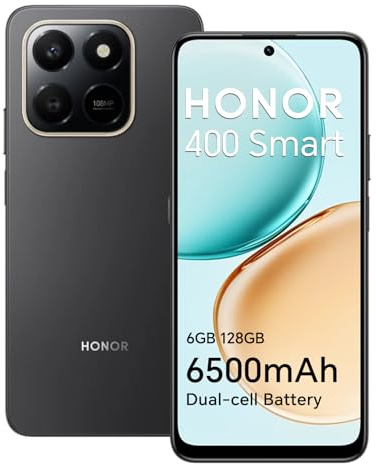 HONOR 400 Smart Smartphone 4G 6GB 128GB, Batería 6500mAh, Pantalla Resistente a Caídas de 6.77 IP54, Cámara Principal de 108MP, Android 15, Dual SIM, NFC, Negro