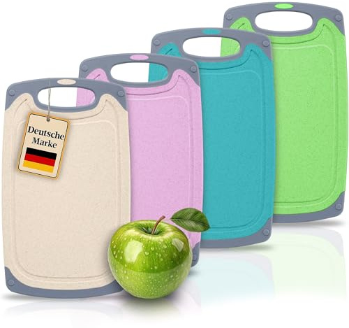 KPYTO 4 große Frühstücksbrettchen aus Kunststoff, 31x19 cm, Schneidebrett Set,spülmaschinenfest, beidseitig, rutschfest mit Saftrille