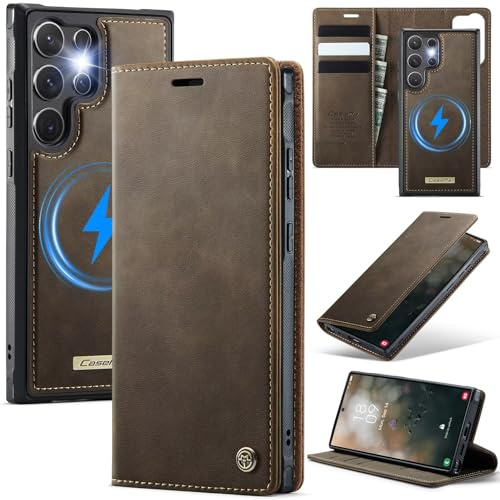 Belzsxy Hülle für Samsung Galaxy S25 Ultra, Echtleder Handyhülle [Abnehmbar] [Kabelloses Laden] [3 Kartenfach] [Ständer] [RFID Blocker] [Handy-Ösen] 2 IN 1 Magnet Klapphülle - Kaffee