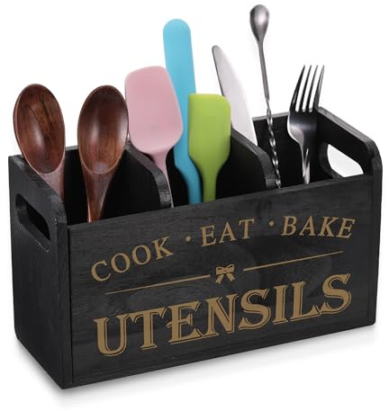 Porte Ustensiles Cuisine en Bois avec 3 Compartiments et Fond de Drainage | Organiseur de Couverts de Ferme, Organisateur d'ustensiles de Cuisine, Noir