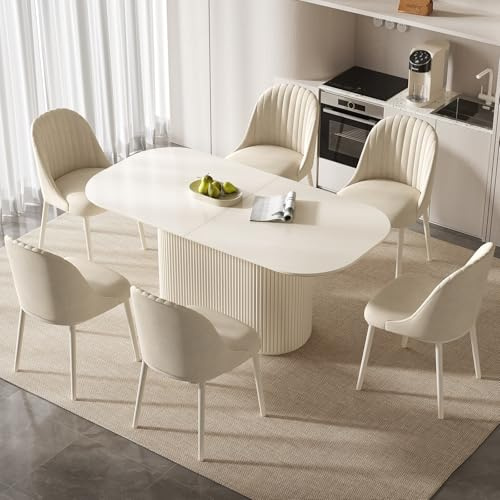 Modernes Esstisch Set mit 6 Stühlen, Weiß Essgruppe im Skandinavischen Design, Platzsparend und Pflegeleicht, Esszimmertisch für Küche & Wohnzimmer, Stabil & Stilvoll (1 Esstisch 6 Stühle, 177.8 cm)