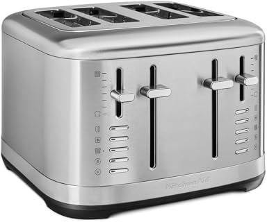 KitchenAid Tostapane 4 Fette, Slot Larghi per Pane Artigianale e Bagel, Controlli Indipendenti Doppi, 7 Livelli di Doratura, Funzioni Bagel/Scongela/Riscalda/Prolunga, Leva Alta, Acciaio Inossidabile
