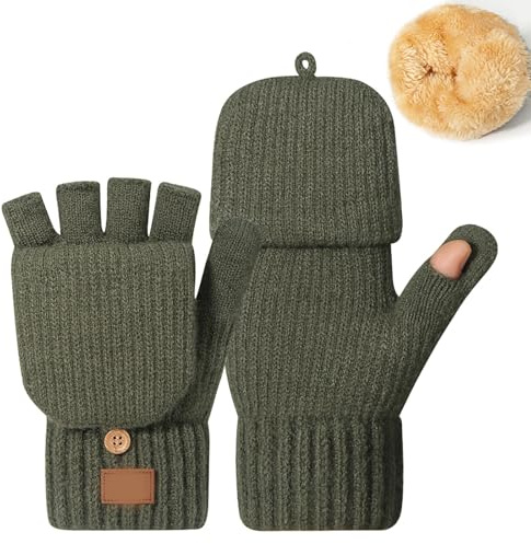 Fingerlose Handschuhe Damen Herren Winterhandschuhe mit Fleecefutter Thermo Strick Handschuh-Klappe Touchscreen Fingerless Gloves Thermohandschuhe Ohne Finger für Arbeits Sport Radfahren Fahren