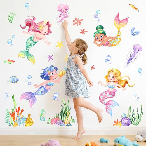 Tanlaby Wandtattoo Meerjungfrau Unter dem Meer Wandsticker Fisch Seetang | Quallen Ozean Unterwasserwelt für Mädchenzimmer Kinderzimmer Badezimmer Babyzimmer DIY Maritimer Wanddeko