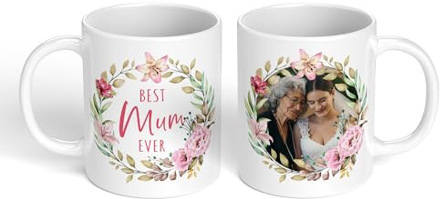 Personalised Photo Mug for Mum Auntie Grandma Nana – Custom Picture Floral Wreath Coffee Cup – Best Ever Mother’s Day Christmas Birthday Gift for Her from Kids – Sentimental Keepsake Tea Cup