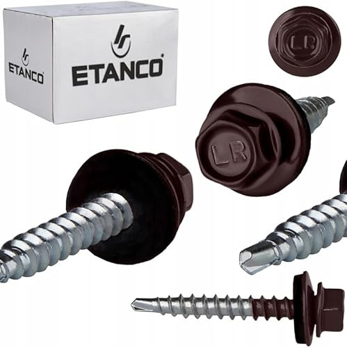 ETANCO GT02 Trapezblechschrauben 4,8 x 60 mm, RAL 8017 Schokoladenbraun, 100 Stück, selbstbohrend mit EPDM-Dichtung, verzinkter Stahl, Sechskant, für Metallblech auf Holz