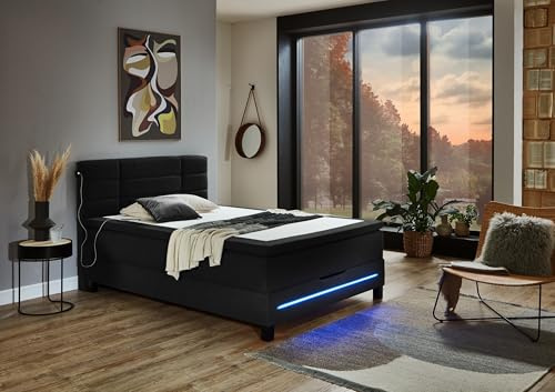 möbelando Boxspringbett Young 140x200 cm inkl. Matratze, Topper & LED-Beleuchtung – Anthrazit, Jugendbett mit Bettkasten & USB-Anschluss – Härtegrad H3, pflegeleicht