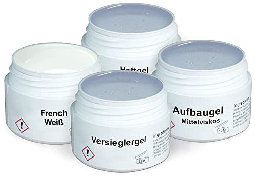 GS-Nails UV Gel-Set - 4x 15ml Nagel-Gel für Nail-Art & Nagel-Design - Haft-Gel, mittelviskoses Aufbau-Gel, Versiegelungs-Gel, French Weiß - 60ml