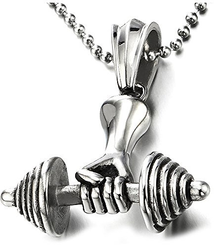 COOLSTEELANDBEYOND Hand Gewichtheben Langhantel Hantel Anhänger Edelstahl Halskette für Herren Jungen mit 75CM Stahl Kugelkette