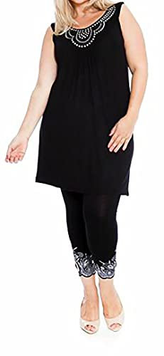 New Ladies Long Beaded Diamante Sleeveless T-Shirt Tops Womens Scoop Neck Stud Bead Vest Top Plus Size (16-18, Black)