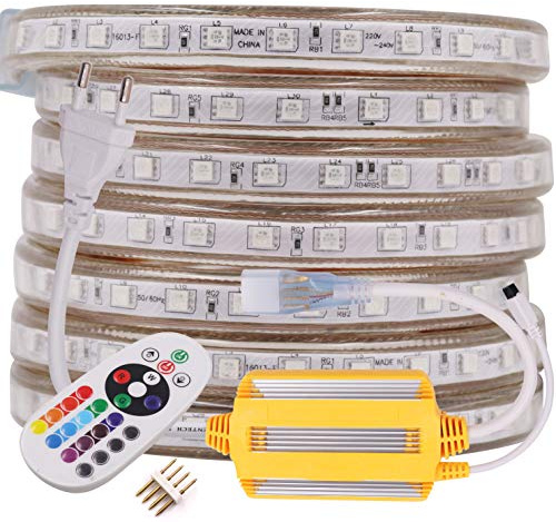 XUNATA 12M LED RGB Strip,AC 220V 230V SMD 5050 60leds/m IP65 Wasserdicht, Kein Selbstklebender, Flexibles LED Lichtband mit 24 Tasten IR-Fernbedienung Wasserdicht Controller