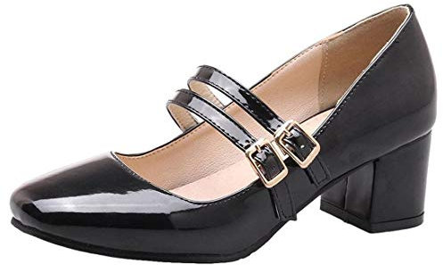 LUXMAX Scarpe Mary Jane Donna Tacco Medio Tacco Gorsso Decolte in Vernice con Fibbia Punta Chiusa (Nero) - 34 EU