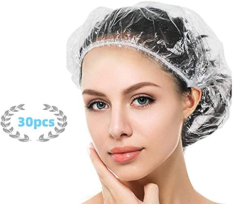 YIZIJIZI 30 cuffie da doccia usa e getta, grandi, trasparenti, impermeabili, per donne, di grandi dimensioni, 52,1 cm, uso domestico, spa, hotel e parrucchieri, cuffie da doccia trasparenti per viaggi