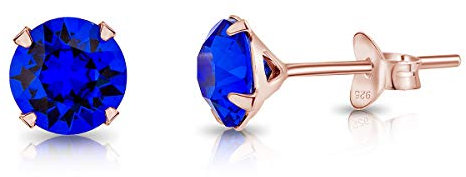 Pendientes Mujer Plata de Ley 925 Chapados Oro Rosa 18K con Brillantes de Cristal Azul 6 mm - Pendientes de Botón Oro Rosa