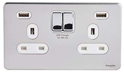 Schneider Electric Ultimate Screwless Flat Plate - Switched Double Power Socket, Double Pole, 13A, with USB Charging Ports, GGBGU3424DWPC, Polished Chrome with White Insert