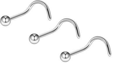 3pcs Nose Stud Curve Hook Screw Plain Basic 2mm Ball Nostril Piercing 20G (Silver)