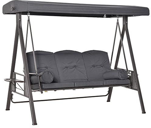 Outsunny 3 Seater Garden Swing Chair Outdoor Hammock Bench w/Adjustable Canopy, Cushions and Cup Trays, Brown Steel Frame, Dark Grey Fabric