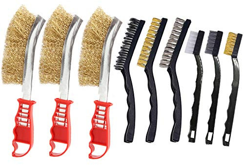 Drahtbürsten Drahtbürste Set Klein Drahtbürsten mit Borsten aus Edelstahl Messing und Nylon gebogener Griff für die Reinigung von Schweißschlacken und Rost (9 Pcs)
