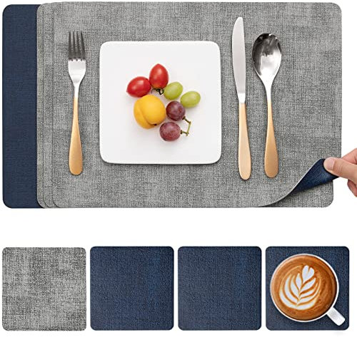 Myir JUN Manteles Individuales y Posavasos, Salvamanteles Individuales de Cuero Juego de 4 Mantel Individual Lavables Antideslizant Individuales Mesa Impermeables (Gris Azul, Juego de 4
