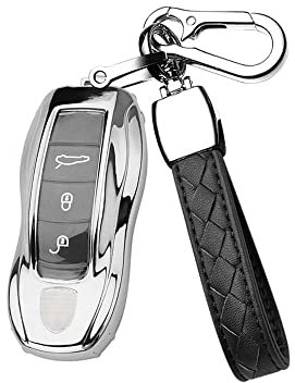 HIBEYO Smart Autoschlüssel Hülle passt für Porsche 3-Tasten Schlüsselbox für Porsche Boxster 918 Spyder Macan Cayman Carrera Panamera Schutzhülle Cover TPU Schlüssel hülle Fall Schlüsselbund-Silber