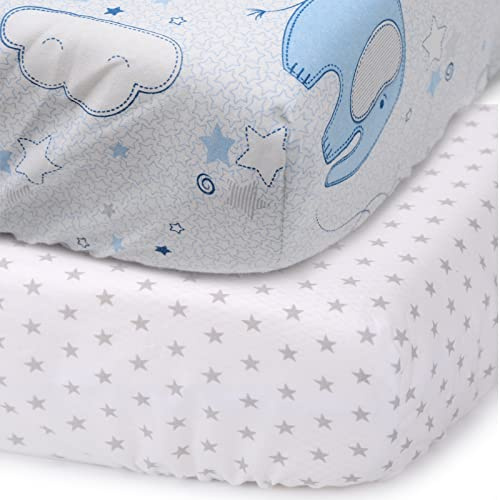 PEKITAS Spannbettlaken, 50 x 80 cm, Universalbett, Babybett, Baumwolle, elastisch, Elefant, Blau + Sterne