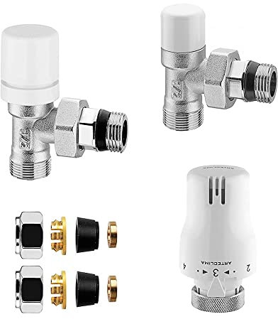 Valvola e detentore per termoarredo in acciaio cromo con tappo bianco, attacchi standard G ½”, INCLUDE testa termostatica e raccordi per rame o multistrato