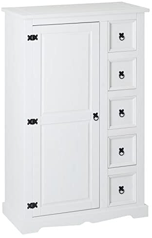 IDIMEX Kommode Tequila 5 Schubladen weiß Highboard Kiefernholz massiv 2 verstellbare Einlegeböden Esszimmermöbel Zierbeschläge schwarz. Schubladenschrank Wohnzimmer Küche Holzaufbewahrung.