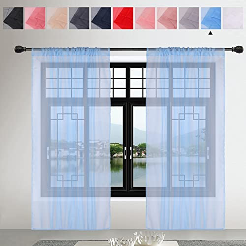 Trimming Shop Sky Blue Voile Curtains 2 Panel Semi-Transparent Sheer Slot Top Curtain Pair 142 x 183cm for Window & Door Lightweight Net Curtain for Bedroom, Kitchen & Living Room