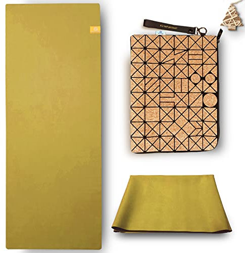 GOLDEN Yogamatte Faltbar rutschfest Schadstofffrei, 1,5mm Dünne Leicht ökologische Reise Matte/Handtuch aus Naturkautschuk, Waschbar mit Tasche Tragegurt aus Kork Order PU, Hot Yoga Bikram Pilates