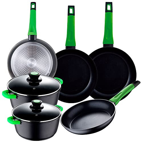 San Ignacio Batería de Cocina 8 Piezas Vitoria: 2 cacerolas con Sus Tapa de Vidrio, de Ø20x9 y Ø28x12,5 y Set de 4 sartenes de Ø20x4,5 Ø24x5 Ø26x4,5 y Ø28x5,4 cms, Aluminio Fundido