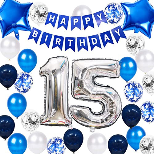 15. Geburtstag Party Dekoration für Jungen, Happy Birthday Banner Marineblau 15 Geburtstag Ballons Latex Konfetti Ballon für Jungen Ihn Sohn 15 Jahre alt Geburtstag Dekoration(15.)
