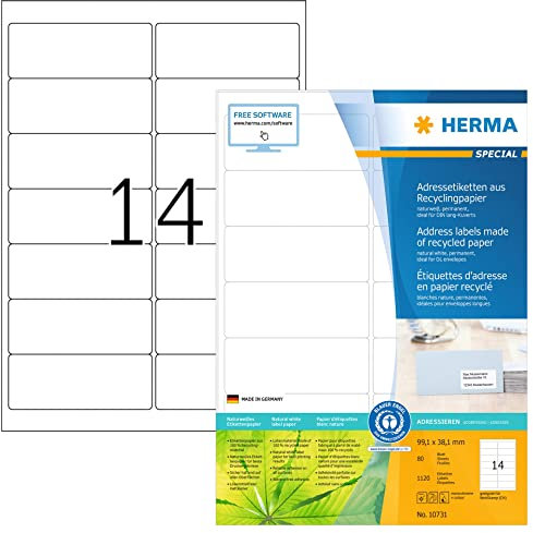 HERMA 10731 Recycling Etiketten, 80 Blatt, 99,1 x 38,1 mm, 14 pro A4 Bogen, 1120 Stück, selbstklebend, bedruckbar, matt, blanko Recycling-Papier Klebeetiketten Aufkleber, natur-weiß